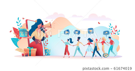 Girl from phone speaks loudspeaker holds gifts box 61674019