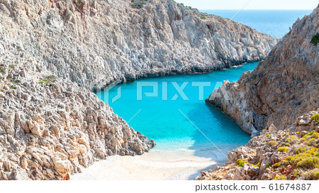 Seitan limania or Agiou Stefanou, the heavenly beach with turquoise water. Chania, Akrotiri, Crete Seitan limania or Agiou Stefanou, the heavenly beach with turquoise water. Chania, Akrotiri, Crete 61674887