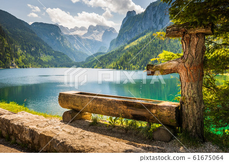 Drinking basin by Gosausee lake, Dachstein behind Drinking basin by Gosausee lake, Dachstein behind 61675064