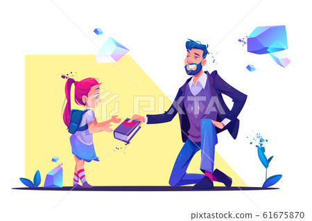 man stand on one knee giving book to little girl man stand on one knee giving book to little girl 61675870