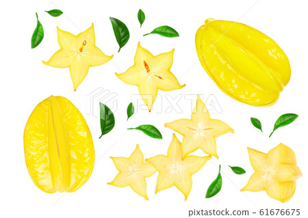 Carambola or star-fruit with leaf isolated on white background. Top view. Flat lay Carambola or star-fruit with leaf isolated on white background. Top view. Flat lay 61676675