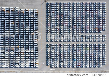 Aerial top view new cars lined up in the port for Aerial top view new cars lined up in the port for 61678436