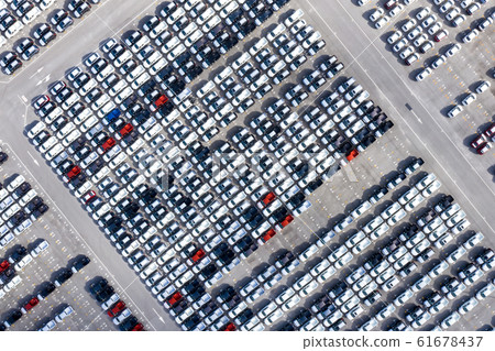 Aerial top view new cars lined up in the port for Aerial top view new cars lined up in the port for 61678437