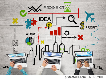 Top view of businesspeople sitting at table and using gadgets Top view of businesspeople sitting at table and using gadgets 61682901
