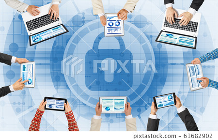 Top view of businesspeople sitting at table and using gadgets Top view of businesspeople sitting at table and using gadgets 61682902