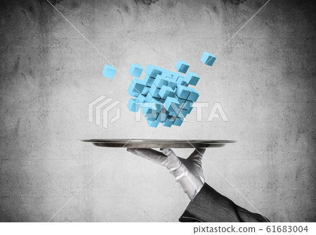 Hand of waiter presenting cubes on tray. Hand of waiter presenting cubes on tray. 61683004