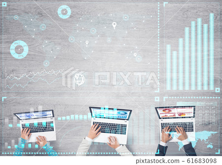 Top view of businesspeople sitting at table and using gadgets 61683098