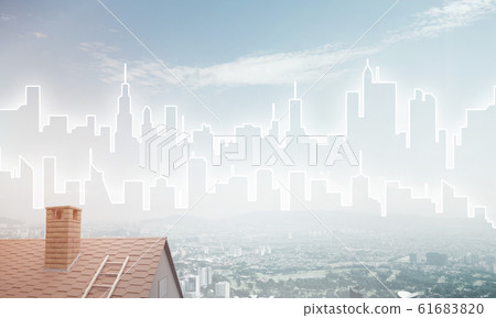 Concept of real estate and construction with drawn silhouette on big city background 61683820