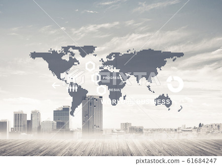 Natural background with modern cityscape wooden floor and media Natural background with modern cityscape wooden floor and media 61684247