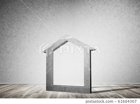 Conceptual background image of concrete home sign in room with wooden floor 61684307