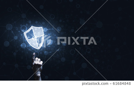 Blue shield icon as symbol of access protection on dark background Blue shield icon as symbol of access protection on dark background 61684848