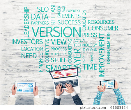 Top view of businesspeople sitting at table and using gadgets 61685124