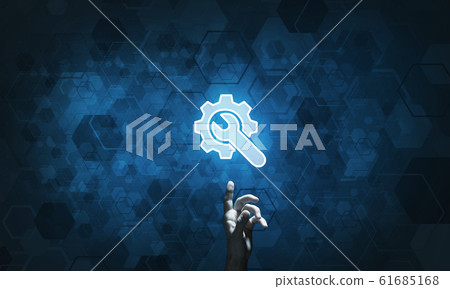 Technology conceptual image with gear digital symbol on dark background Technology conceptual image with gear digital symbol on dark background 61685168