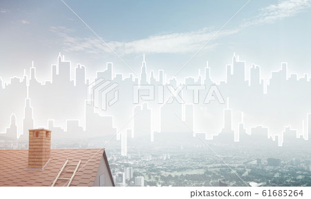 Concept of real estate and construction with drawn silhouette on big city background Concept of real estate and construction with drawn silhouette on big city background 61685264