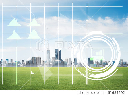 Natural background with modern cityscape green field and media interface Natural background with modern cityscape green field and media interface 61685392
