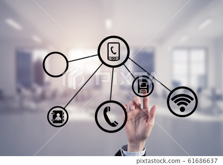 Modern office interior and close of businesswoman hand choosing 61686637