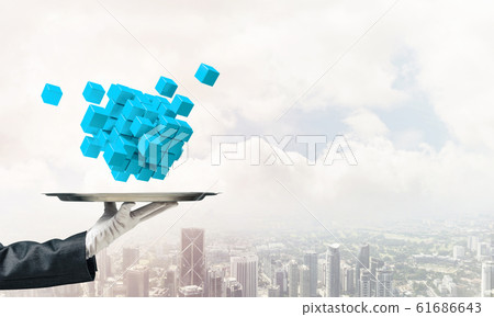 Hand of waiter presenting cubes on tray. Hand of waiter presenting cubes on tray. 61686643
