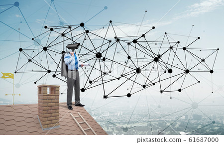 Concept of home security and privacy protection with camera headed man Concept of home security and privacy protection with camera headed man 61687000