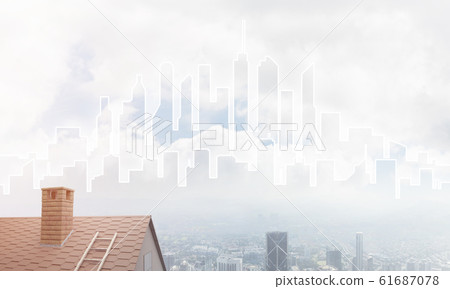 Concept of real estate and construction with drawn silhouette on big city background Concept of real estate and construction with drawn silhouette on big city background 61687078