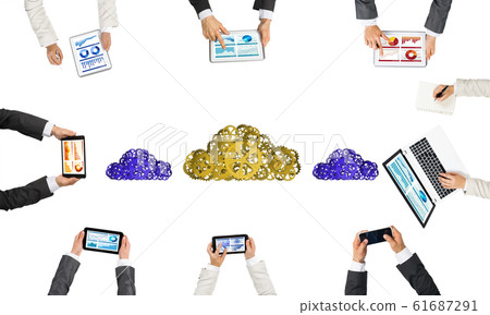 Top view of businesspeople sitting at table and using gadgets Top view of businesspeople sitting at table and using gadgets 61687291