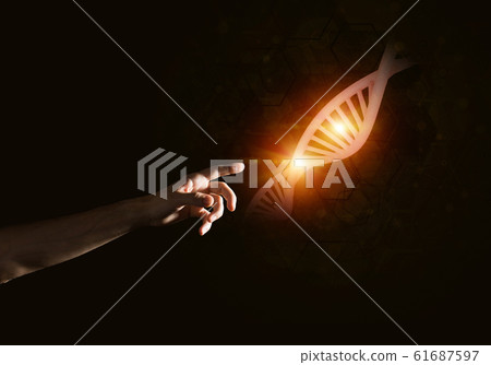 Science medicine and technology concepts as DNA molecule on dark background with connection lines 61687597