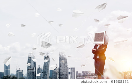 Business woman with monitor instead of head. 61688151