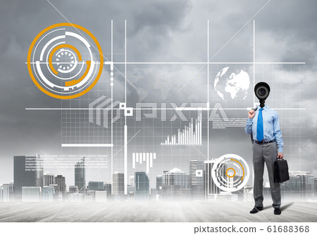 Camera headed man standing on wooden floor against modern cityscape Camera headed man standing on wooden floor against modern cityscape 61688368