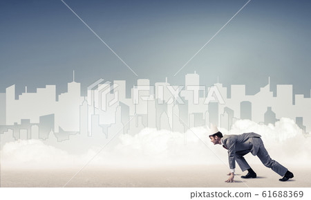 King businessman in elegant suit running and blue cityscape silh King businessman in elegant suit running and blue cityscape silh 61688369