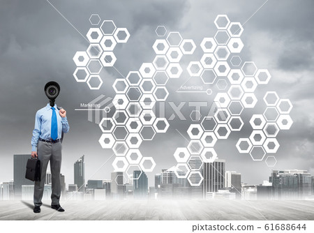 Camera headed man standing on wooden floor against modern cityscape Camera headed man standing on wooden floor against modern cityscape 61688644