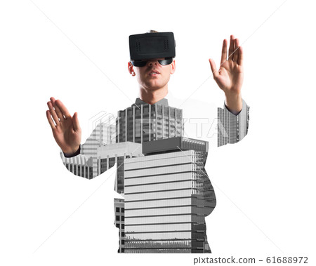 Guy wearing checked shirt and virtual mask stretching hands and trying to concentrate Guy wearing checked shirt and virtual mask stretching hands and trying to concentrate 61688972