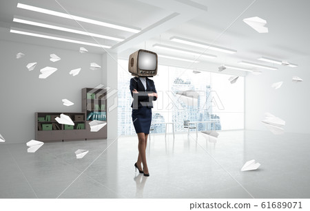 Business woman with an old TV instead of head. Business woman with an old TV instead of head. 61689071