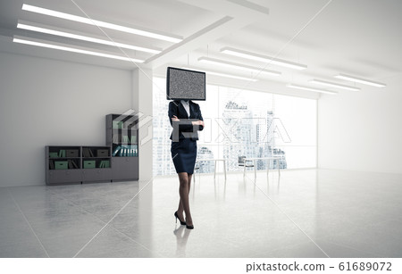 Business woman with TV instead of head. Business woman with TV instead of head. 61689072