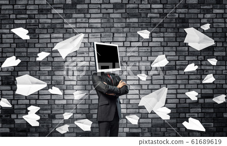 Businessman with monitor instead of head. 61689619