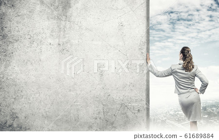Woman and concrete empty banner 61689884