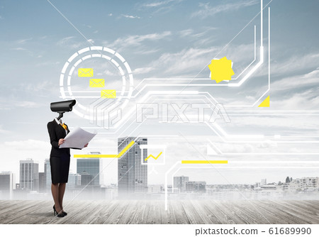 Concept of security and privacy protection with camera headed woman Concept of security and privacy protection with camera headed woman 61689990