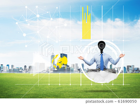 Camera headed man sitting in lotus pose on cloud against modern cityscape 61690050