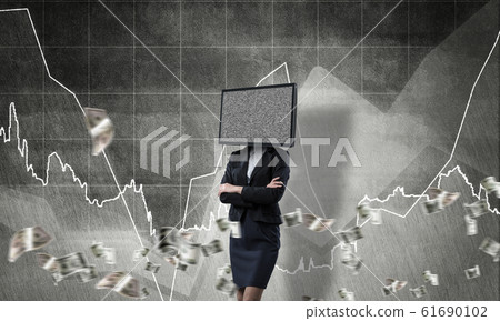 Business woman with TV instead of head. 61690102