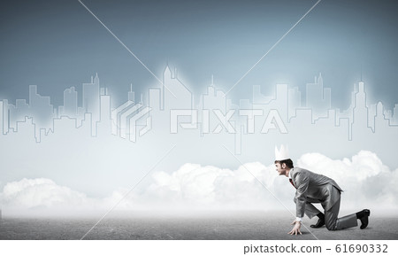 King businessman in elegant suit running and blue cityscape silh 61690332