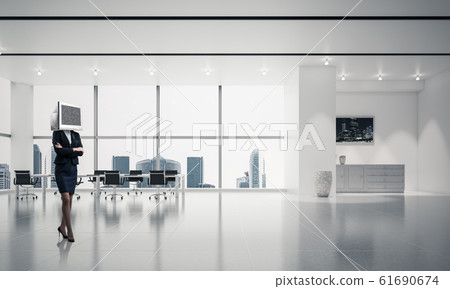 Business woman with monitor instead of head. Business woman with monitor instead of head. 61690674