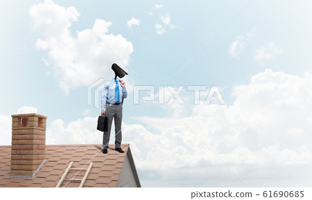 Concept of home security and privacy protection with camera headed man Concept of home security and privacy protection with camera headed man 61690685