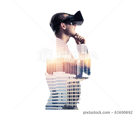 Guy wearing checked shirt and virtual mask with hand on chin 61690692