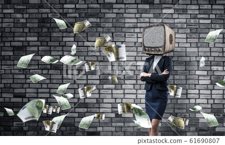 Business woman with old TV instead of head. 61690807