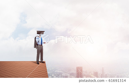 Concept of home security and privacy protection with camera headed man Concept of home security and privacy protection with camera headed man 61691314