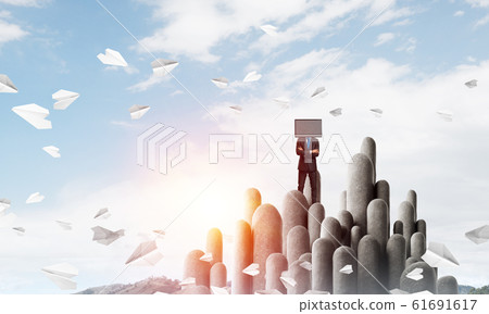 Businessman with TV instead of head. 61691617