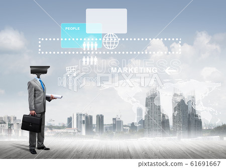 Concept of security and privacy protection with camera headed man Concept of security and privacy protection with camera headed man 61691667