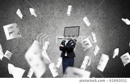 Business woman with laptop instead of head. Business woman with laptop instead of head. 61692032