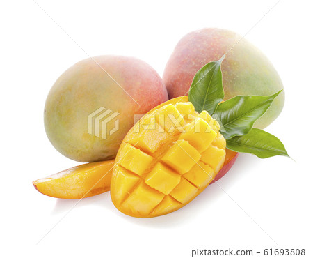 Mango fruit with mango cubes and slices an isolated on a white background 61693808