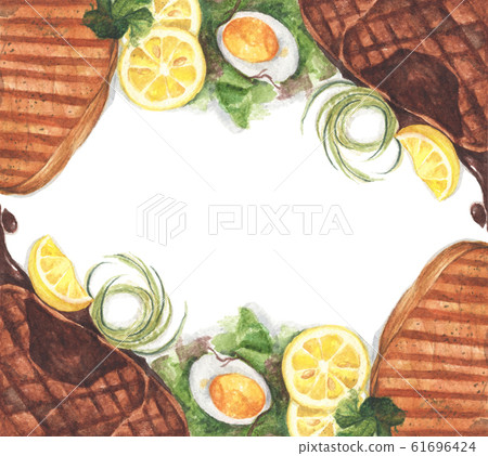 Grilled beef steaks and salad with boiled eggs. Watercolor illustration. 61696424
