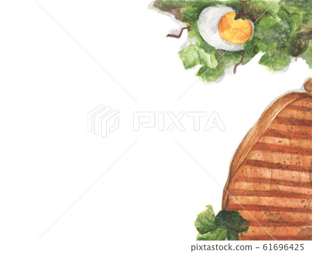 Grilled beef steaks and salad with boiled eggs. Watercolor illustration. 61696425