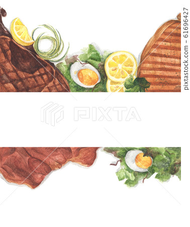 Grilled beef steaks and salad with boiled eggs. Watercolor illustration. 61696427